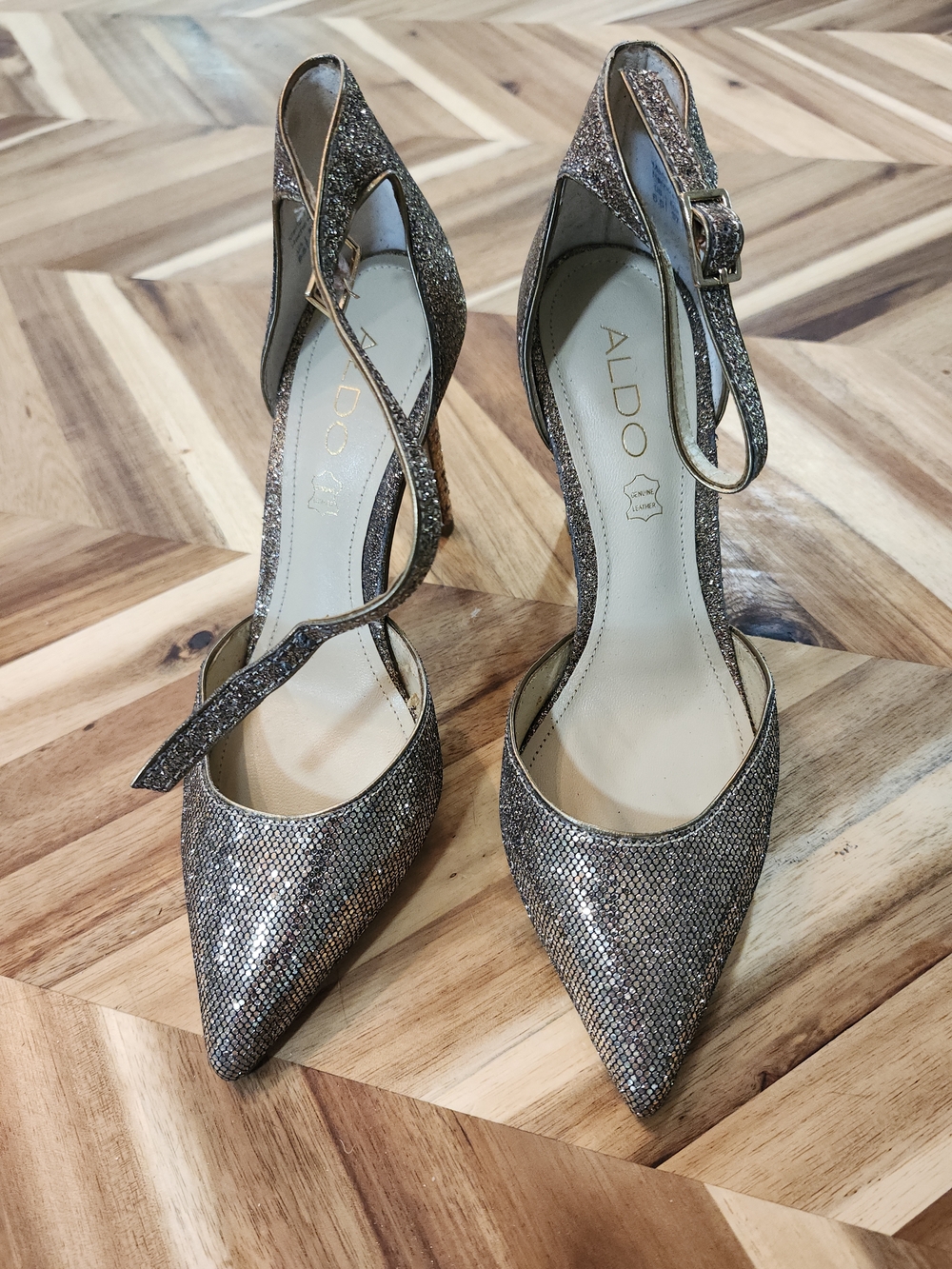 ALDO Metallic Glitter Pointed-Toe Ankle-Strap Heels - Silver